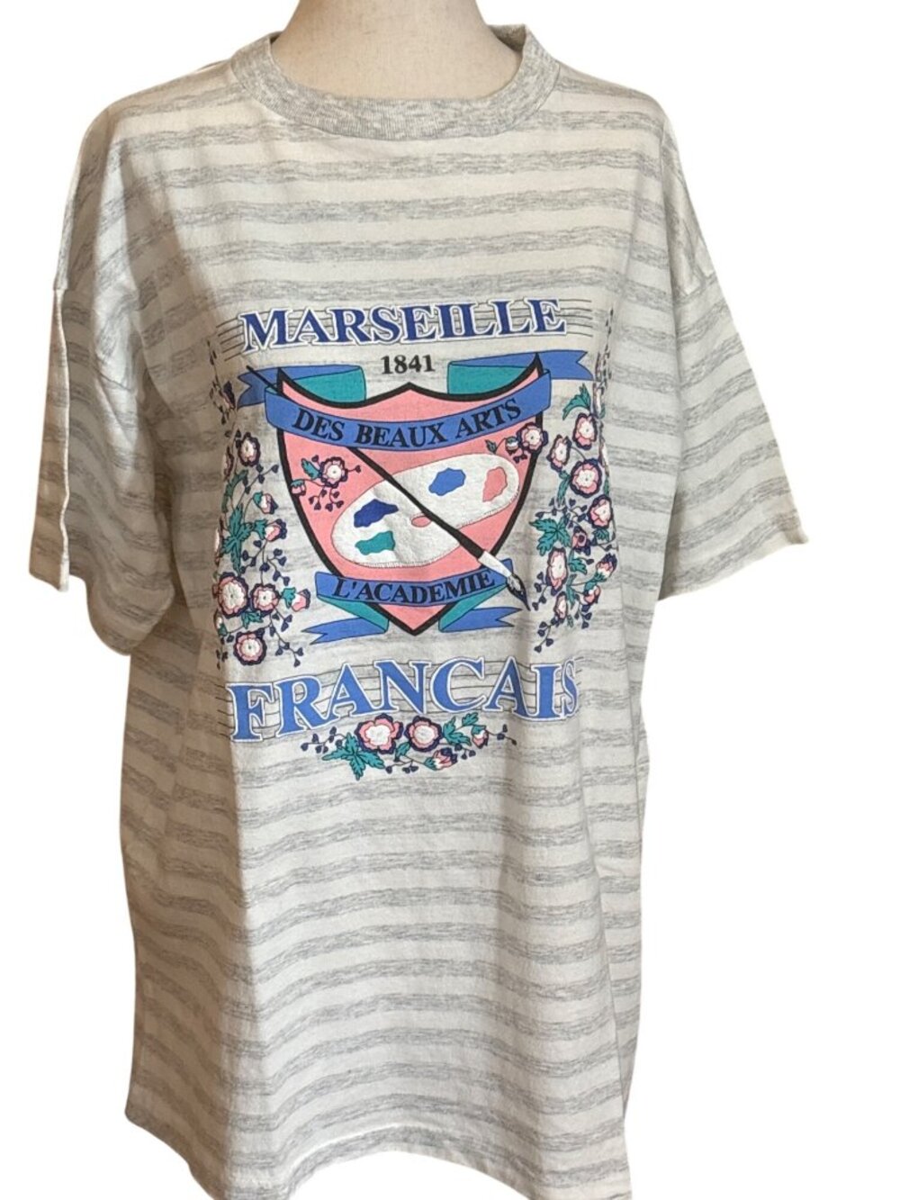 Vintage Venue Marseille Graphic Striped Cotton T-Shirt One Size Fits Most Gray &